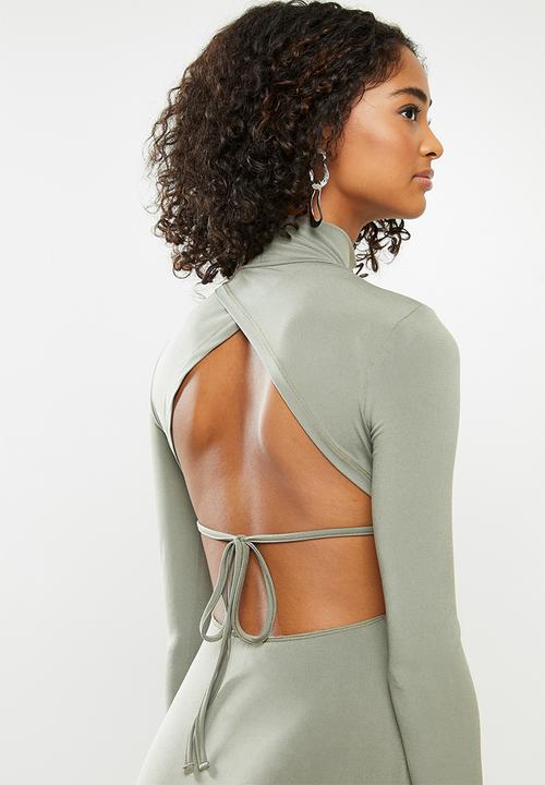 Blake - Open back bodycon turtleneck mini dress - green tea