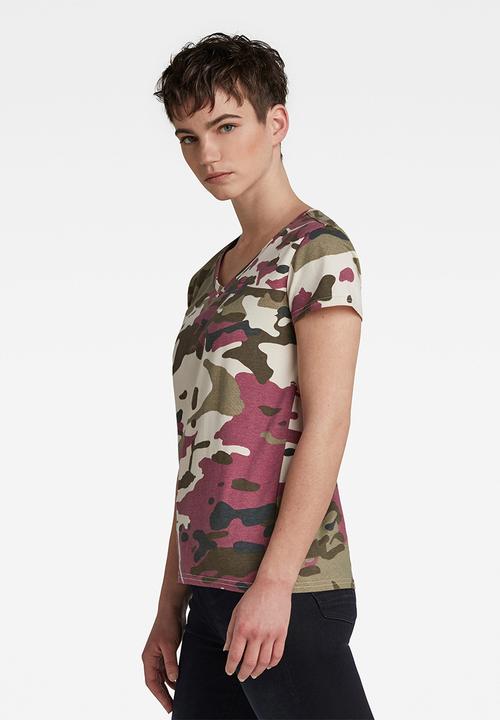 G-STAR - Allover camo print v-neck short sleeve top - multi
