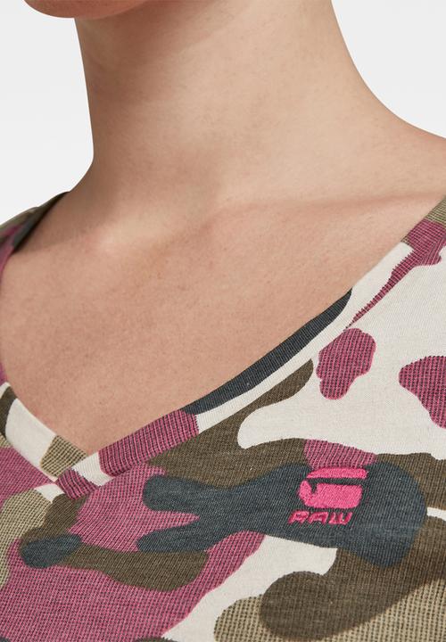 G-STAR - Allover camo print v-neck short sleeve top - multi
