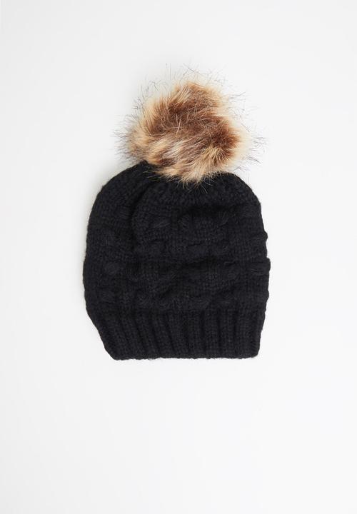 Baby Star - Single faux fur pom pom beanie - black