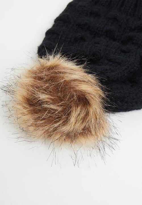 Baby Star - Single faux fur pom pom beanie - black