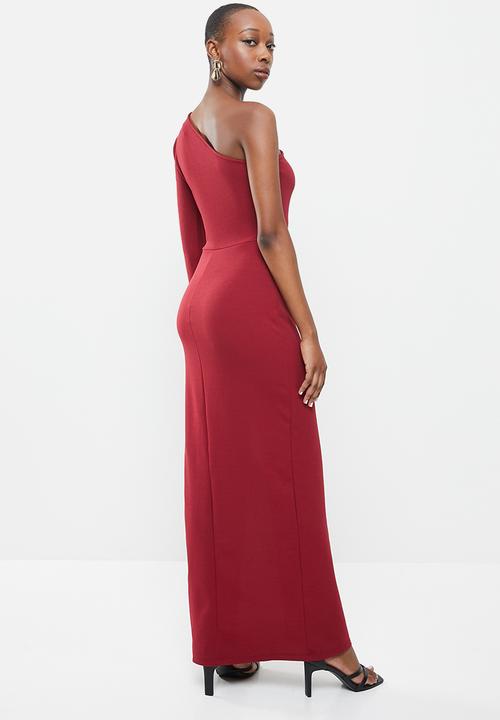 VELVET - Crepe knit slim asymmetric maxi dress with thigh slit - red