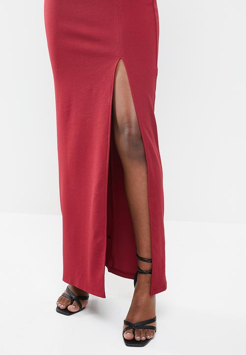 VELVET - Crepe knit slim asymmetric maxi dress with thigh slit - red