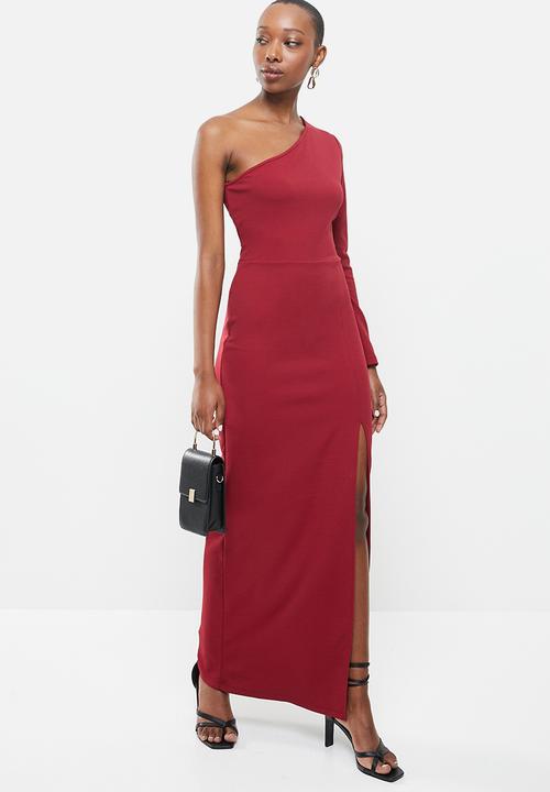 VELVET - Crepe knit slim asymmetric maxi dress with thigh slit - red