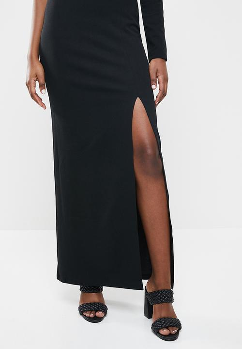 VELVET - Crepe knit slim asymmetric maxi dress with slit - black