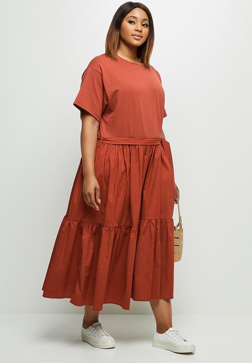 edit Plus - Tiered belted combo dress - tobacco