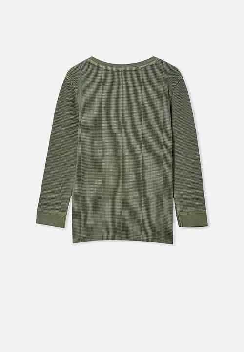 Cotton On - Owen long sleeve waffle tee - olive