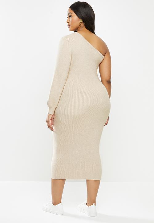 Glamorous - Plus once shoulder midi knit dress- cream