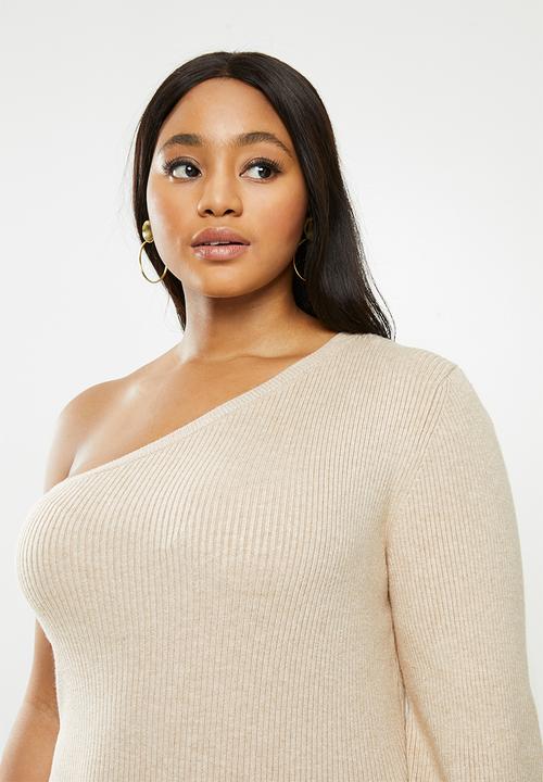 Glamorous - Plus once shoulder midi knit dress- cream