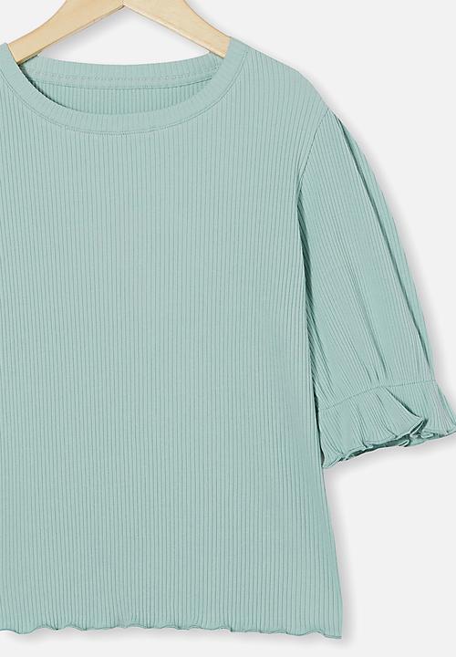 Free by Cotton On - Veronica rib trumpet sleeve top - duck egg