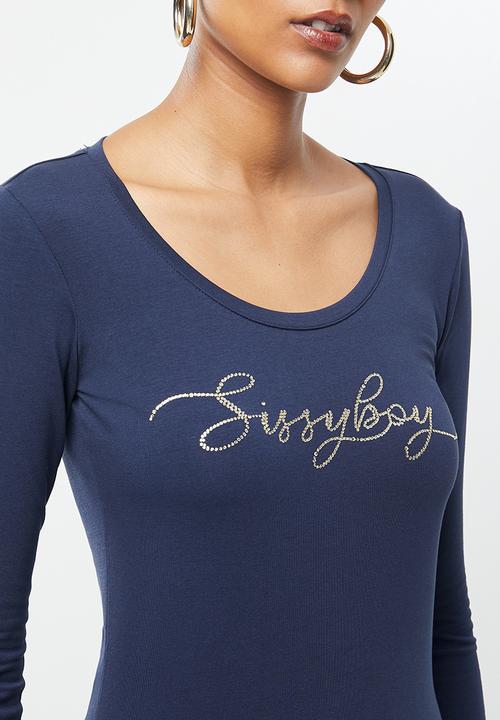SISSY BOY - Darling dear: transfer bling logo 3/4 sleeve top - navy