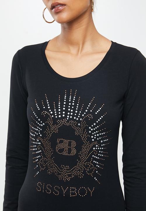 SISSY BOY - Eva: dramatic bling logo top with long sleeves - black