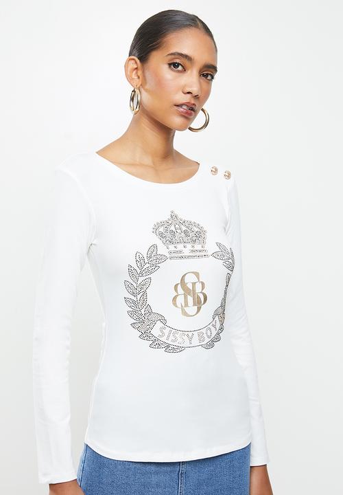 SISSY BOY - Dakota: bling logo long sleeved top with shoulder button detail - off white
