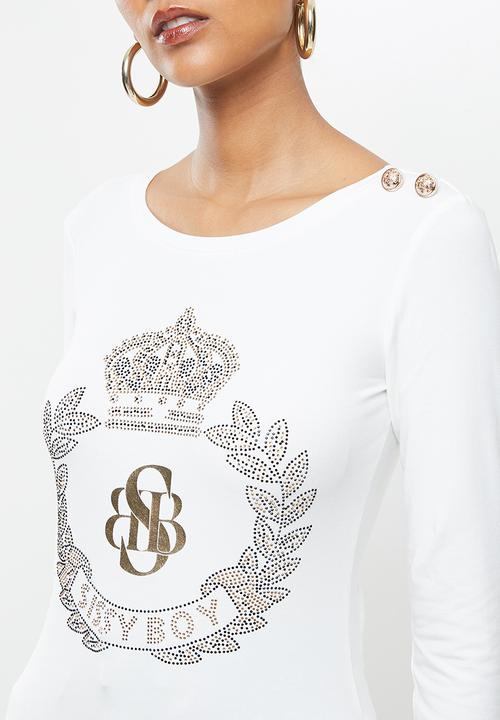 SISSY BOY - Dakota: bling logo long sleeved top with shoulder button detail - off white