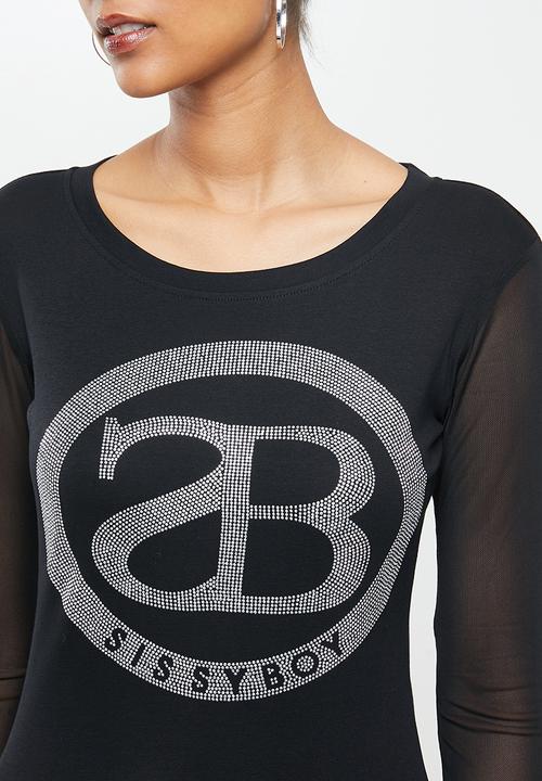 SISSY BOY - You and me: dramatic bling logo top with mesh long sleeves - black