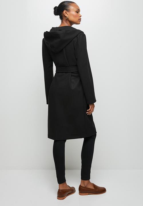 edit - Hooded belted coat - black