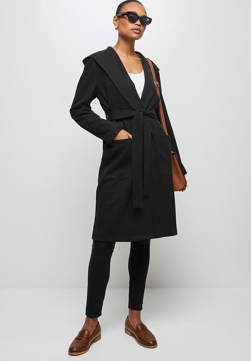edit - Hooded belted coat - black