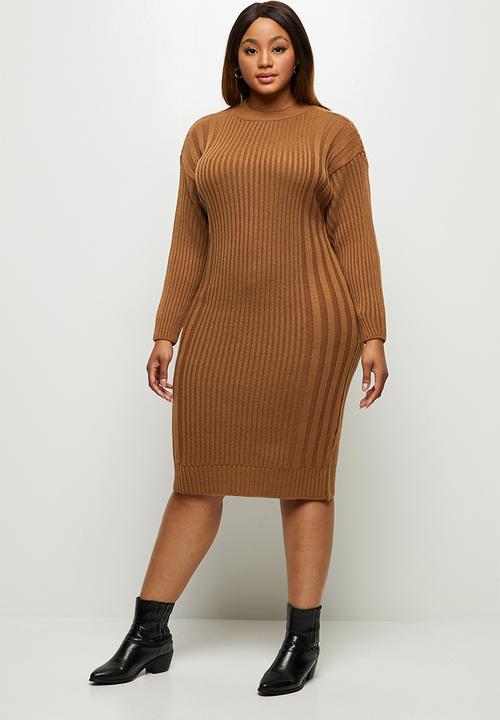 edit Plus - Ribbed tunic dress - brown 