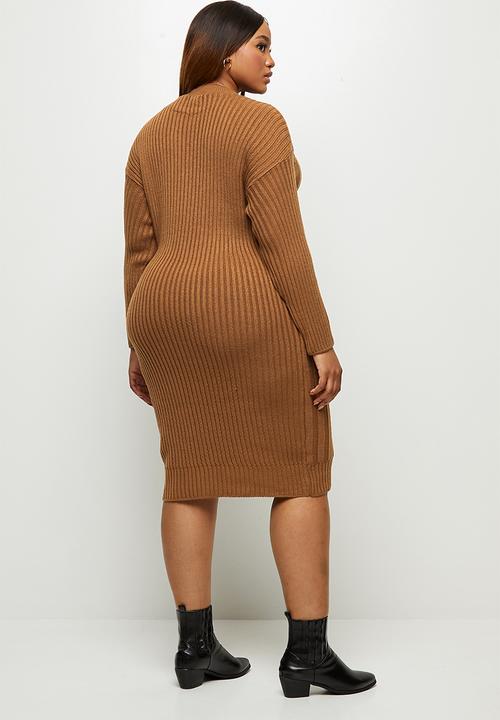 edit Plus - Ribbed tunic dress - brown 
