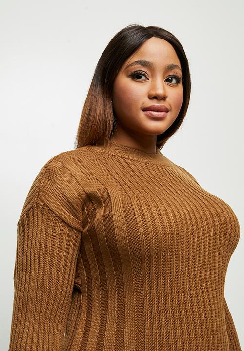 edit Plus - Ribbed tunic dress - brown 