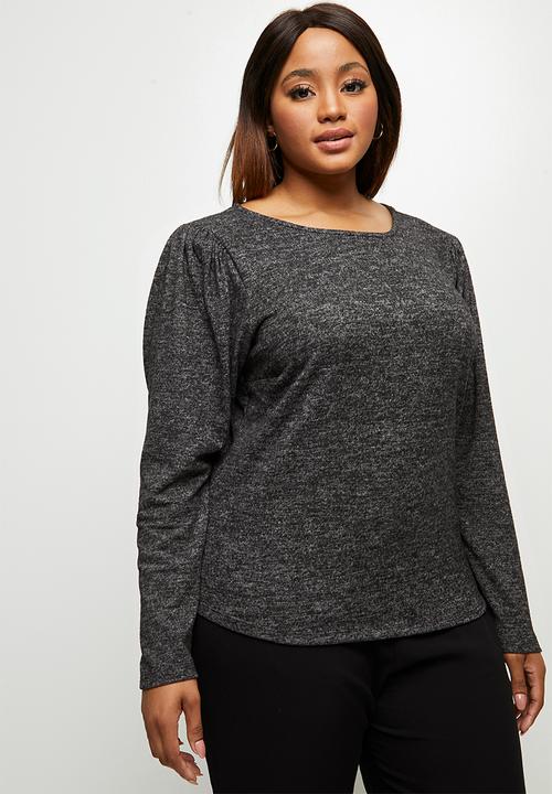 edit Plus - Round neck mutton sleeve tee - black & grey 