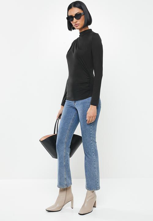 MILLA - Brushed knit turtleneck top with drape - black