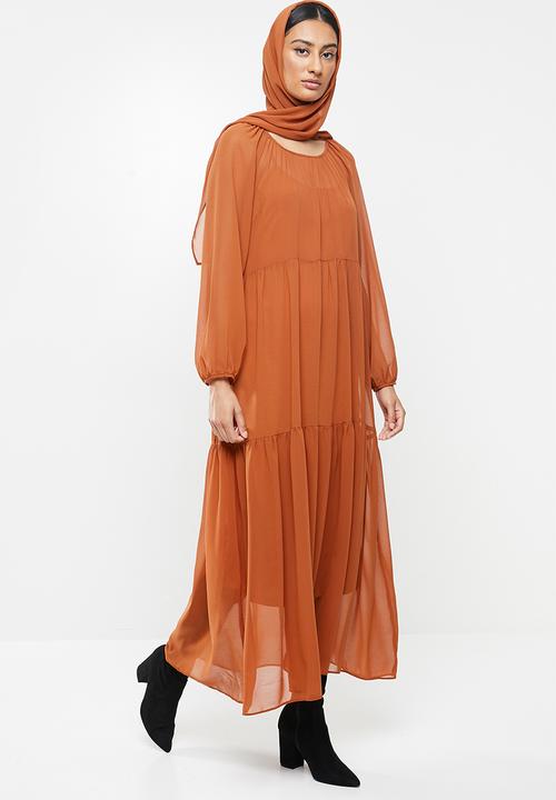 MILLA - Chiffon tiered dress maxi & head scarf - rust