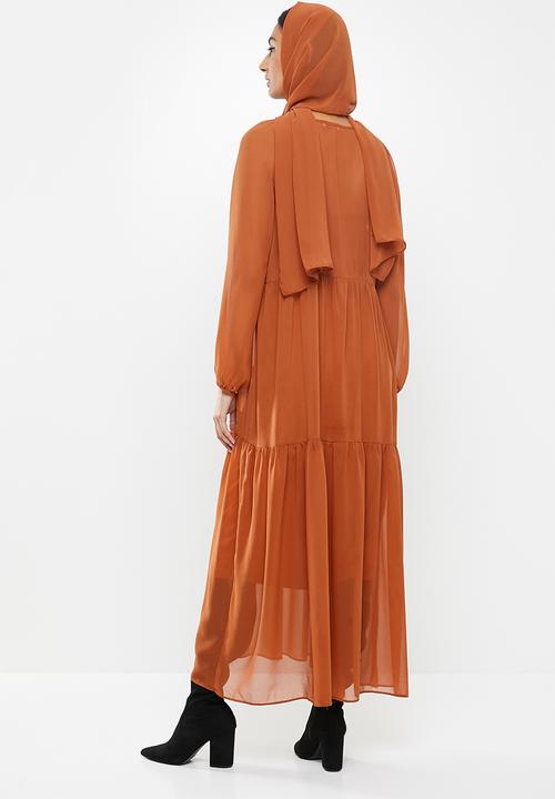 MILLA - Chiffon tiered dress maxi & head scarf - rust