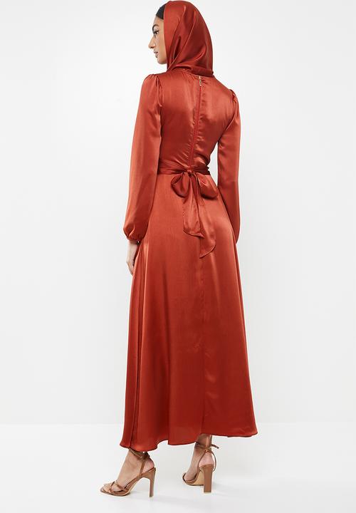 MILLA - Satin wrap front maxi dress & headscarf - red