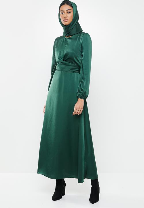 MILLA - Satin wrap front maxi dress & headscarf - green 