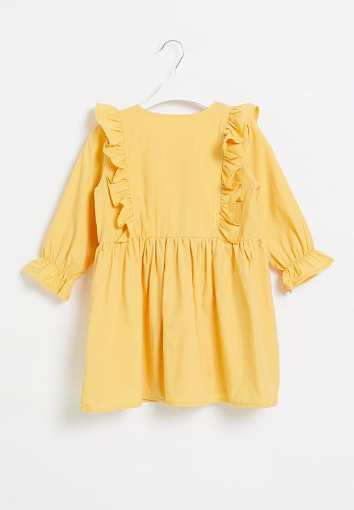 Pop Candy - Girls ruffle dress with buttons - mustard