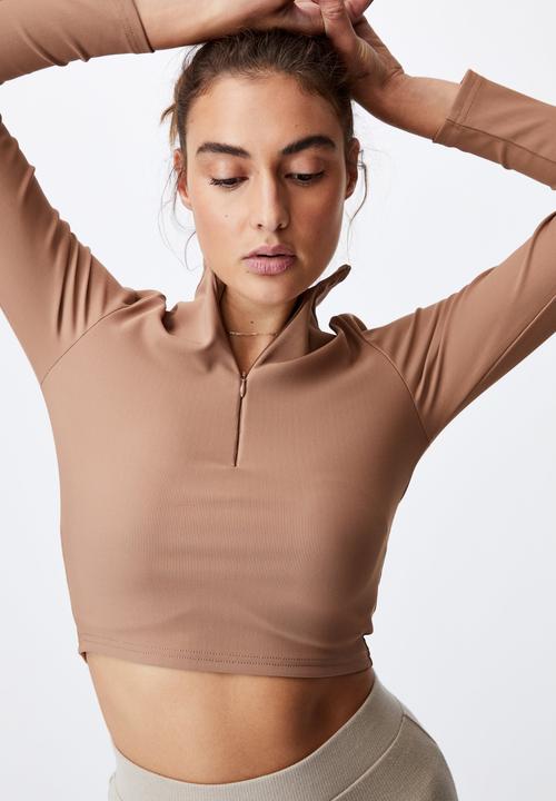 Cotton On - Quinn quarter zip long sleeve top - cocoa bean