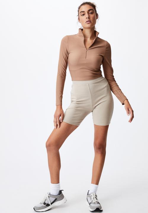Cotton On - Quinn quarter zip long sleeve top - cocoa bean