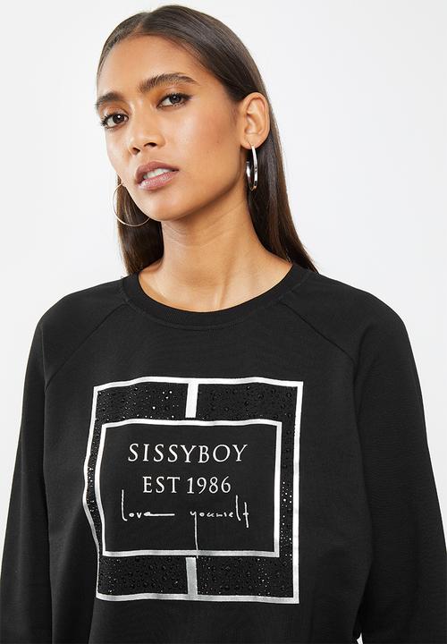 SISSY BOY - Marnie: basic crew neck sweater with mixed bling and foil print logo - black