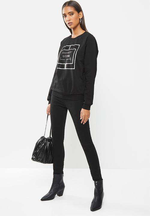 SISSY BOY - Marnie: basic crew neck sweater with mixed bling and foil print logo - black