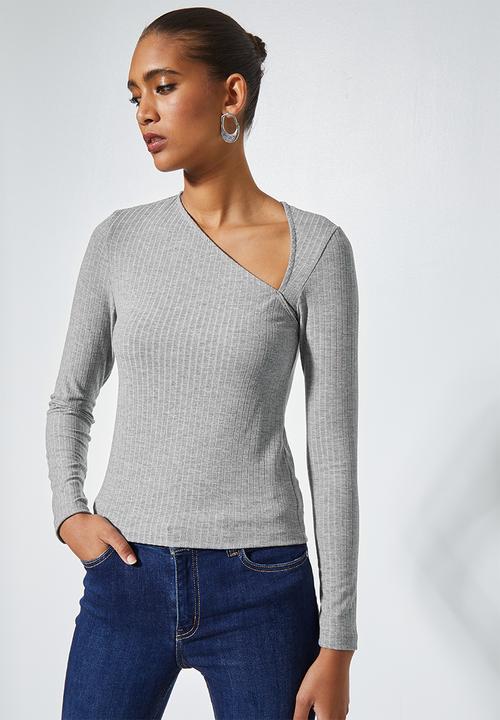 Superbalist -  Rib asymmetric neckline top - grey