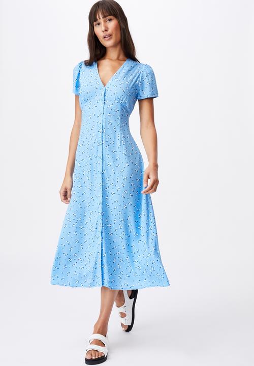 Cotton On - Woven indi short sleeve v-neck button through midi - blue