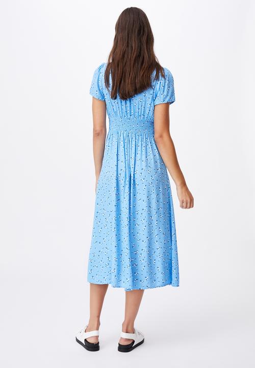 Cotton On - Woven indi short sleeve v-neck button through midi - blue