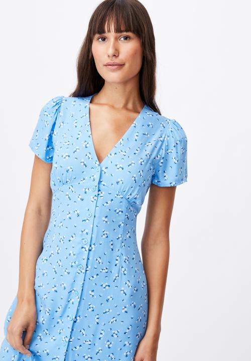 Cotton On - Woven indi short sleeve v-neck button through midi - blue