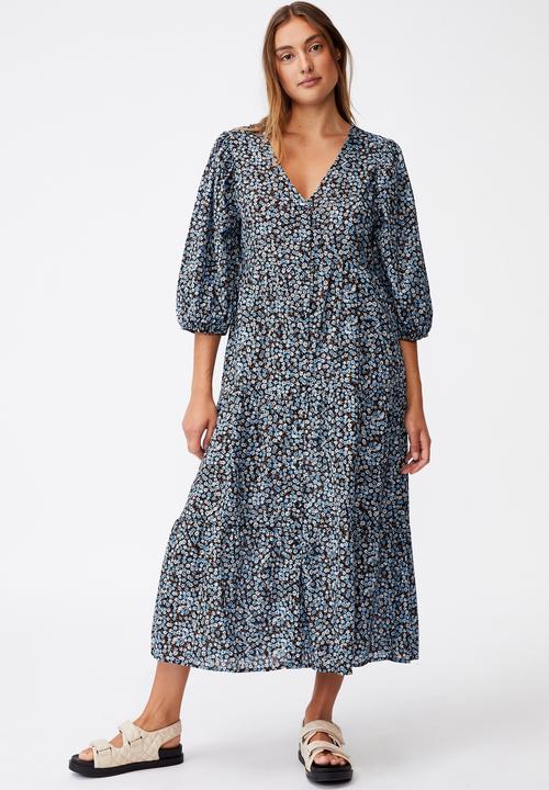 Cotton On - Woven Kaia button through midi dress - black & blue 