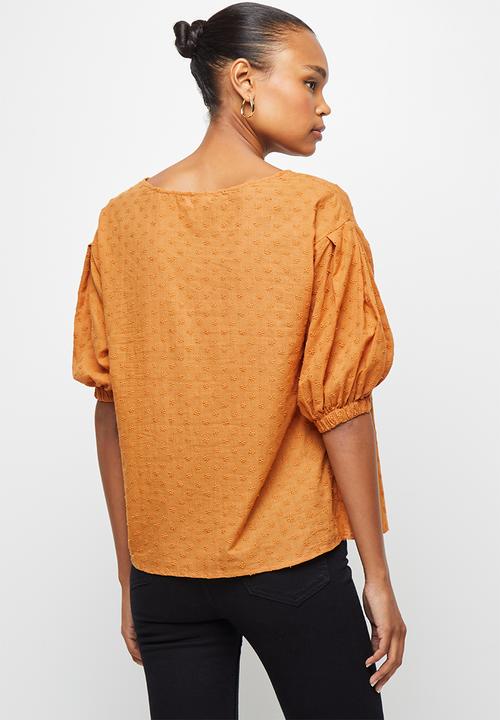 edit - Cotton embroidered puff sleeve shell - tobacco