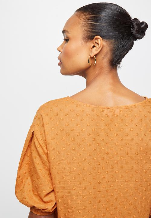 edit - Cotton embroidered puff sleeve shell - tobacco