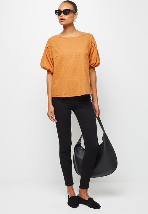 edit - Cotton embroidered puff sleeve shell - tobacco
