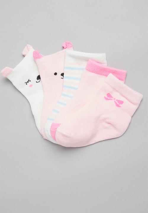 Pop Candy - Girls 5 pack kitty socks - pink & white