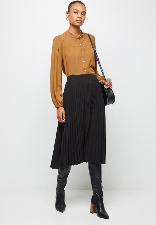 edit - Mandarin gauged neck shirt - tan