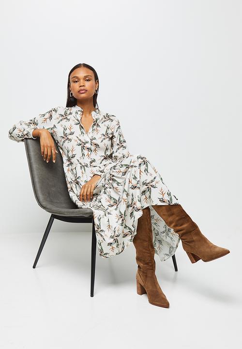 edit - Long sleeve mandarin collar tiered midi dress- natural floral