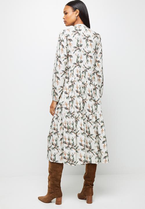 edit - Long sleeve mandarin collar tiered midi dress- natural floral