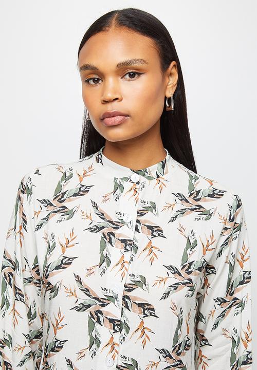 edit - Long sleeve mandarin collar tiered midi dress- natural floral
