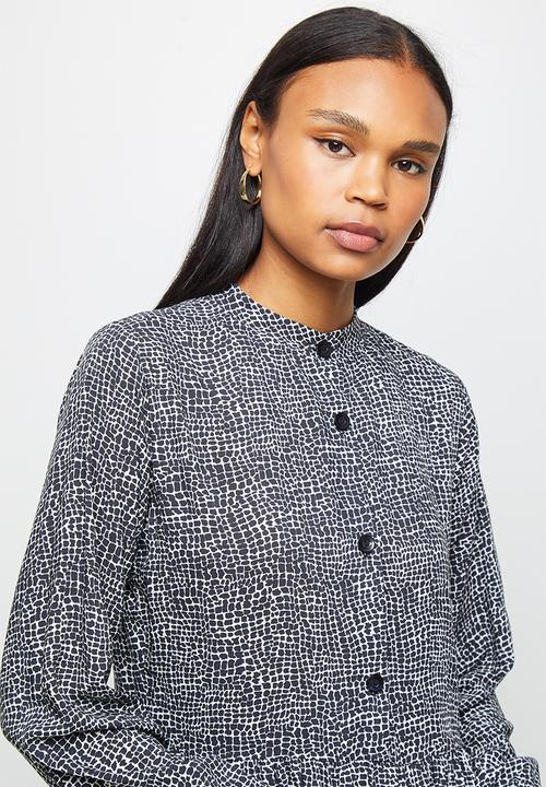edit - Long sleeve mandarin collar tiered midi- black mono animal