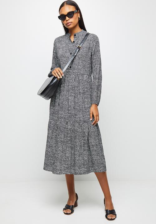 edit - Long sleeve mandarin collar tiered midi- black mono animal